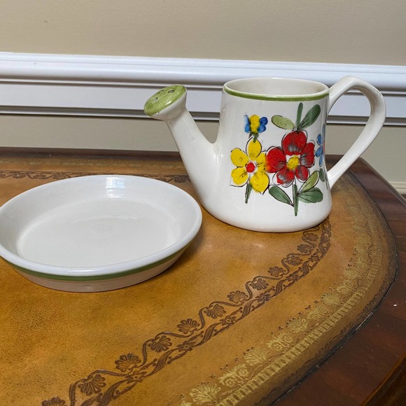 Vintage Hand Painted Ceramic Watering Can Vase Planter - Picture 5 of 6